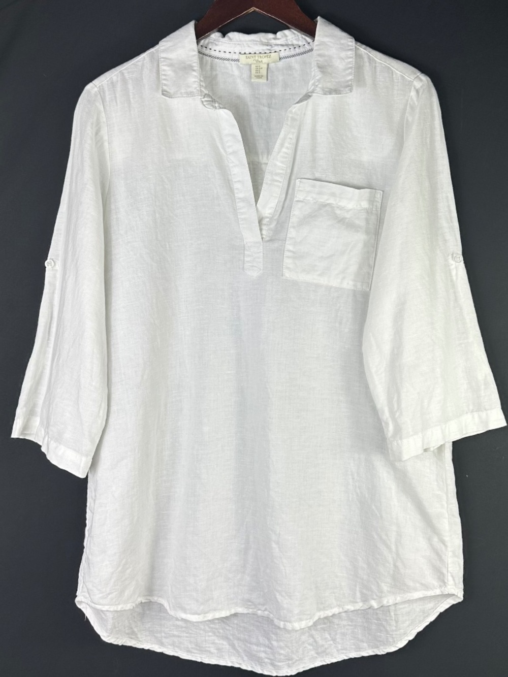 Saint Tropez West Top Tunic Shirt Sz Small LINEN Blend White Coastal Beach - Picture 2 of 6